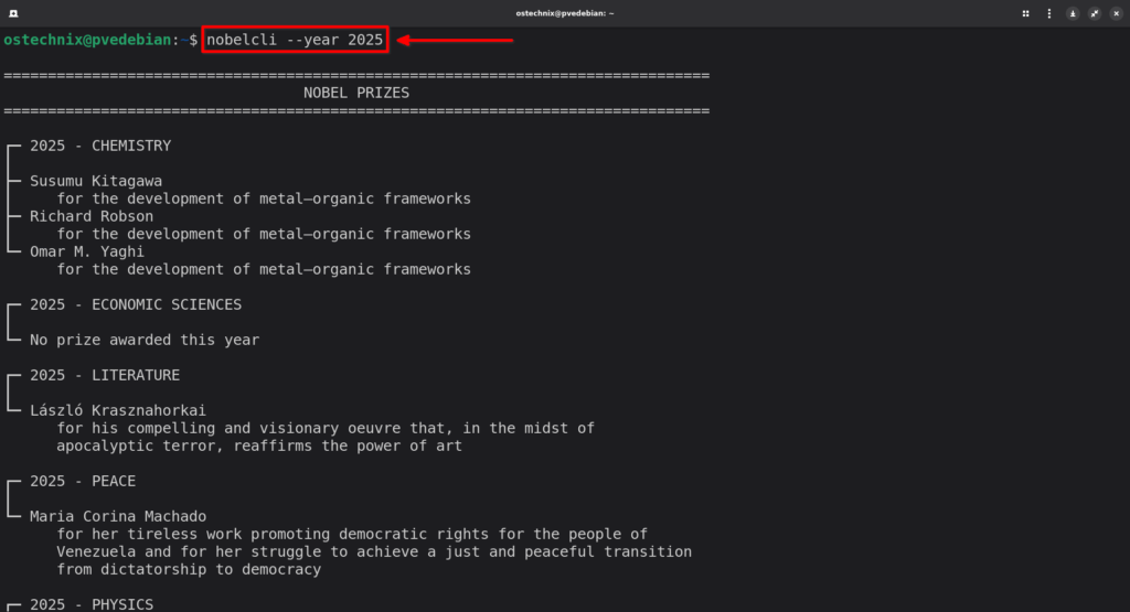 View Nobel Prize Winners Right from Your Linux Terminal using NobelCLI View Nobel Prize Winners Right from Your Linux Terminal using NobelCLI