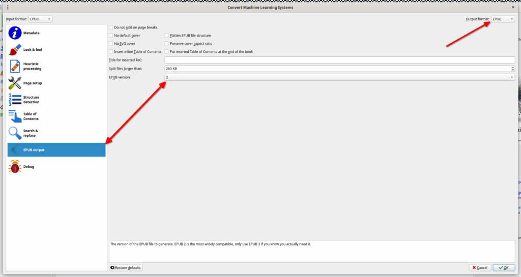 Convert EPUB 3 to EPUB 2 using Calibre
