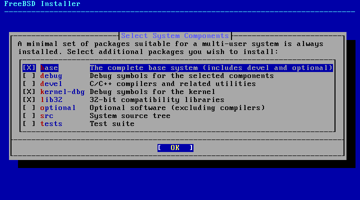 Select the System Components to Install in FreeBSD Select the System Components to Install in FreeBSD