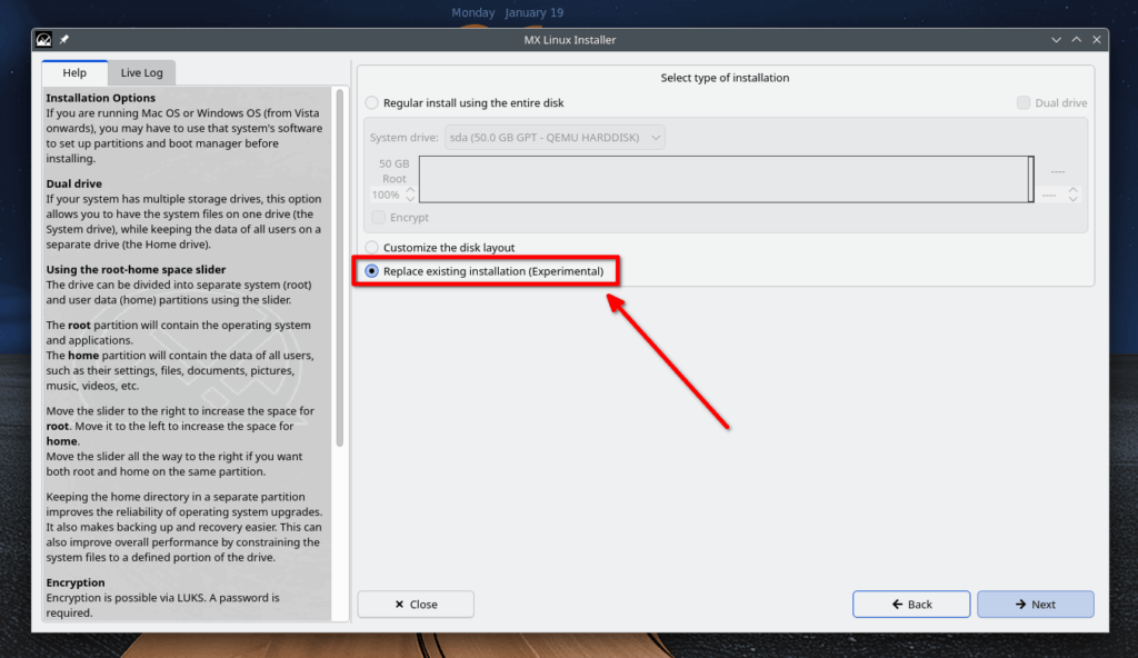 Choose the "Replace Existing Installation (Experimental)" Option in MX Linux Installer Wizard Choose the "Replace Existing Installation (Experimental)" Option in MX Linux Installer Wizard