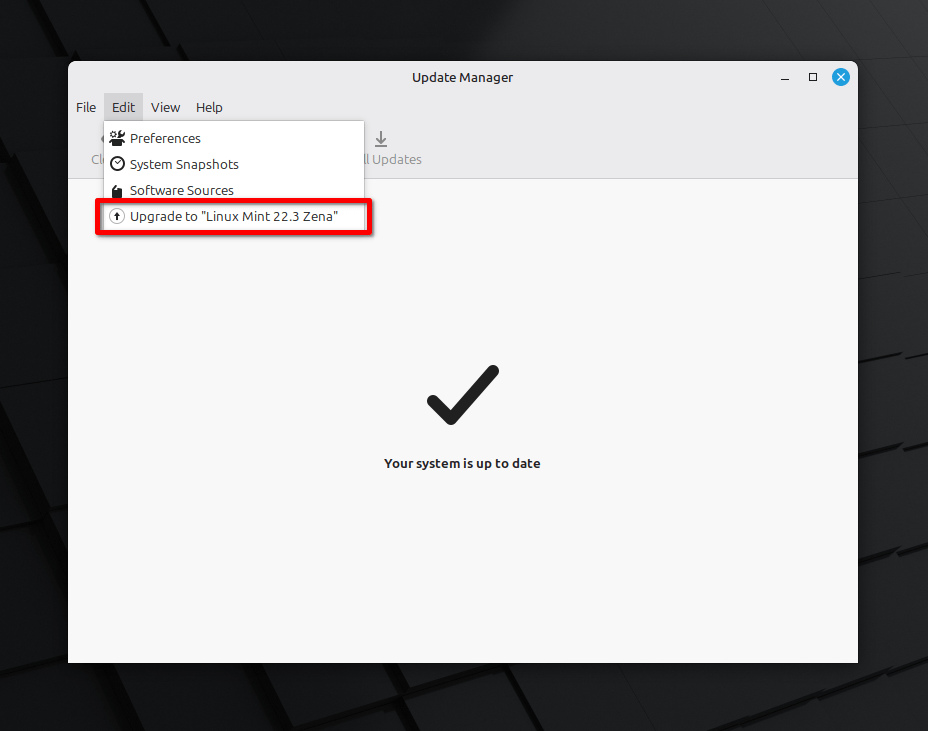 Click on Upgrade to Linux Mint 22.3 Zena Option from the Update Manager Click on Upgrade to Linux Mint 22.3 Zena Option from the Update Manager