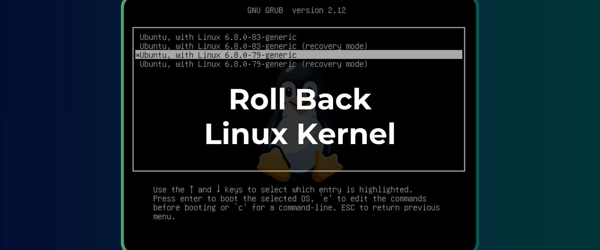 Linux GRUB boot menu showing selection of an older kernel version for system recovery