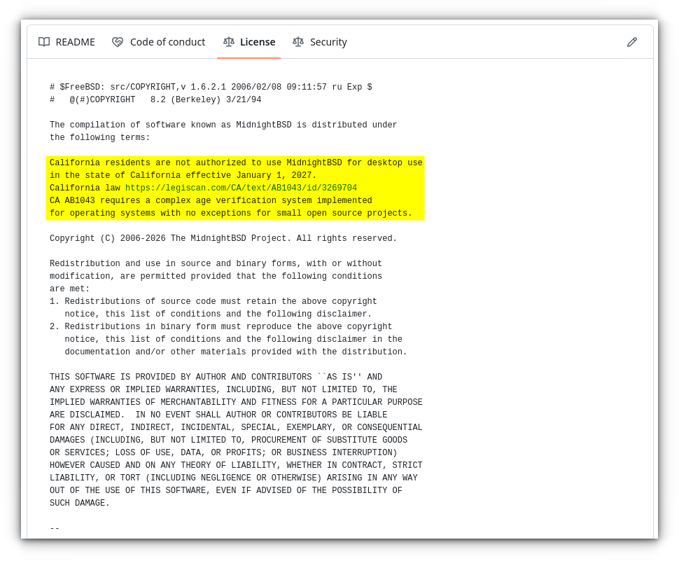 MidnightBSD Modified Its License to Exclude California Residents from Desktop Use MidnightBSD Modified Its License to Exclude California Residents from Desktop Use
