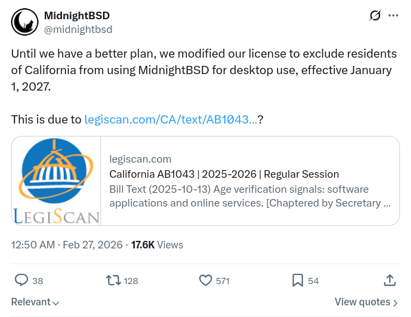MidnightBSD Announcement to Exclude California Users from using MidnightBSD for desktop use effective January 1 2027 MidnightBSD Announcement to Exclude California Users from using MidnightBSD for desktop use effective January 1 2027