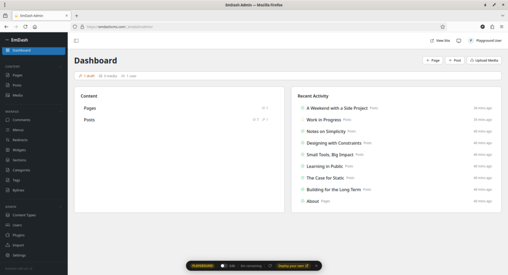EmDash CMS Admin Dashboard