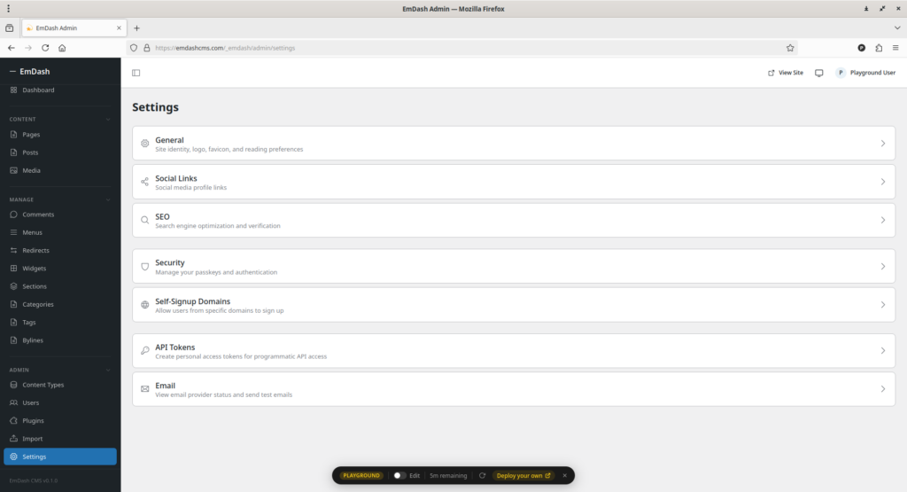EmDash CMS Admin Settings