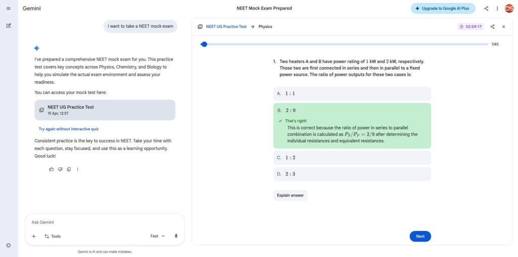 Physics NEET Mock Exam Running in Gemini App Physics NEET Mock Exam Running in Gemini App