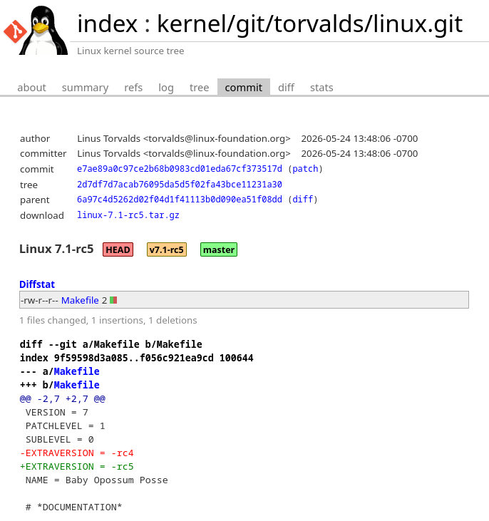 Linux Kernel 7.1 Release Candidate 5 Linux Kernel 7.1 Release Candidate 5