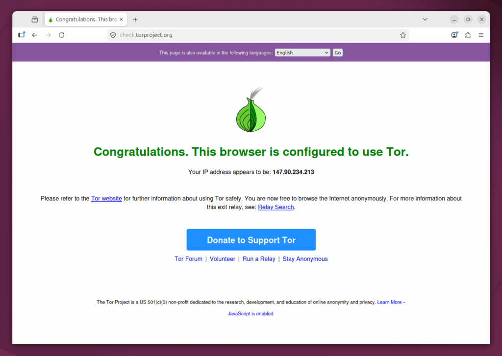 Firefox browser is configured to use Tor