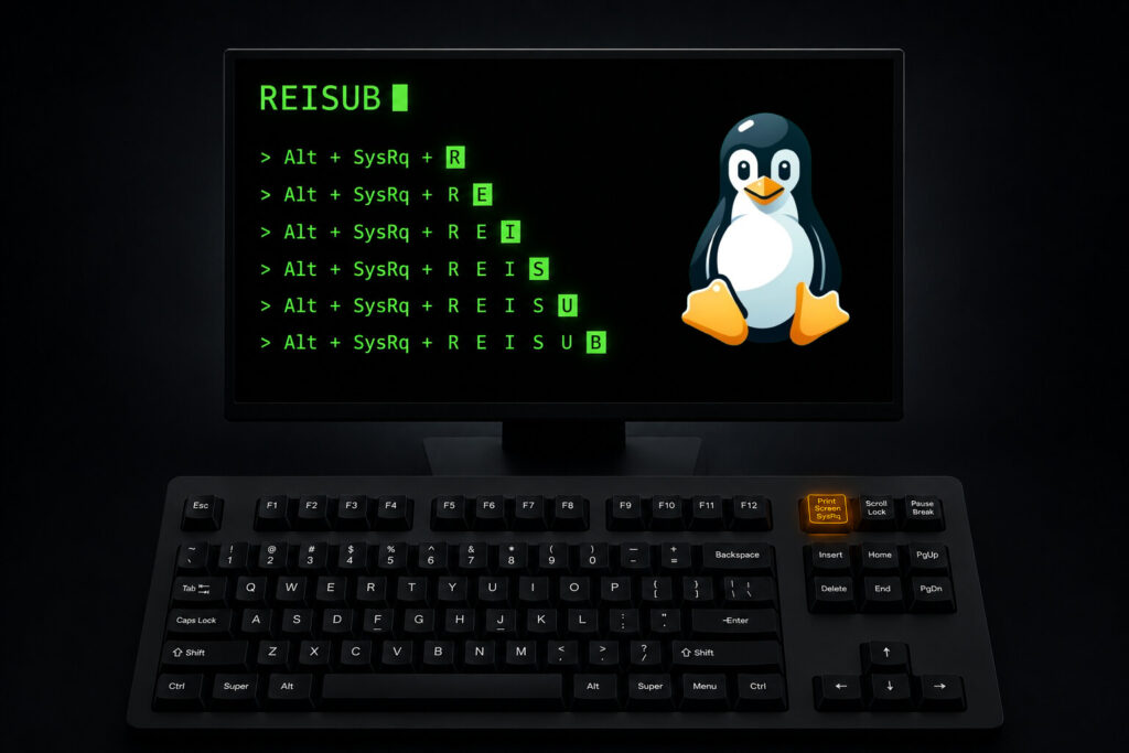 Terminal screen showing Linux SysRq key commands with REISUB sequence highlighted