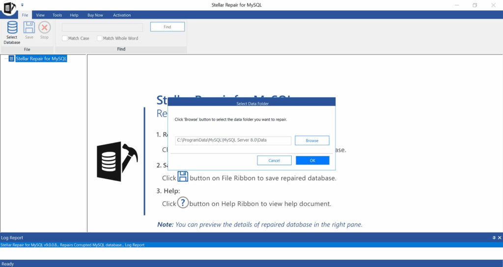 Browse to the Data Folder from Stellar Repair for MySQL GUI