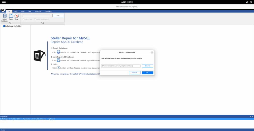 Choose MySQL Data Folder Path from Stellar Repair for MySQL in Linux