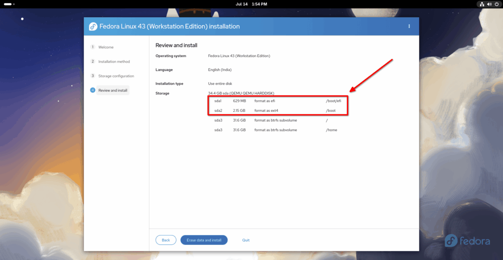 Fedora Workstation's default partition layout creates separate /boot/efi, /boot, and root (/) filesystems. Fedora Workstation's default partition layout creates separate /boot/efi, /boot, and root (/) filesystems.