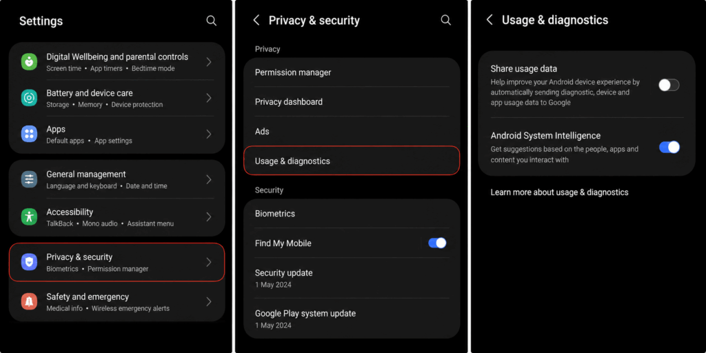Usage and Diagnostics Section in Android