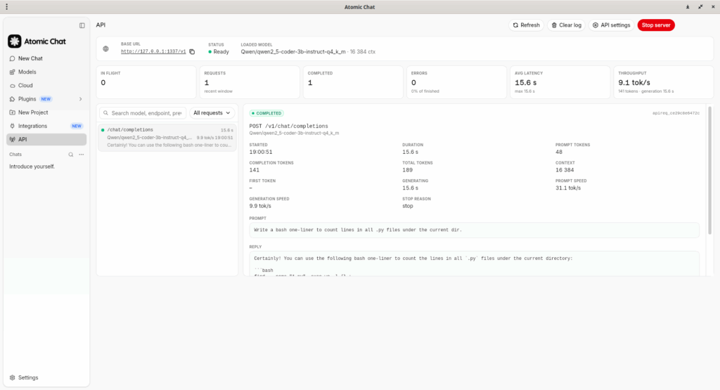 Atomic Chat Local API Panel Showing a Real Request and Response