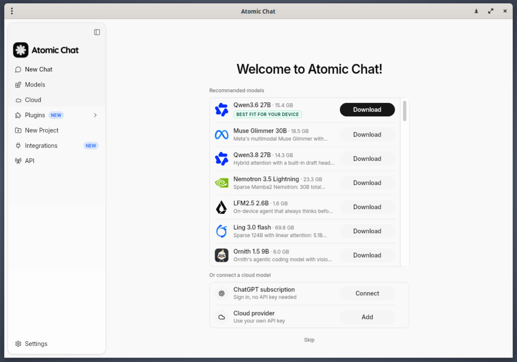 Atomic Chat Welcome Screen