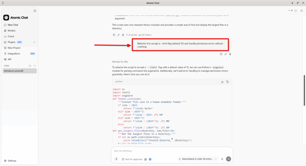 Python Coding with Local Qwen Model via Atomic Chat