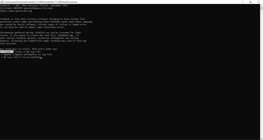 Create a Log File for Recovery Session via Testdisk Interface
