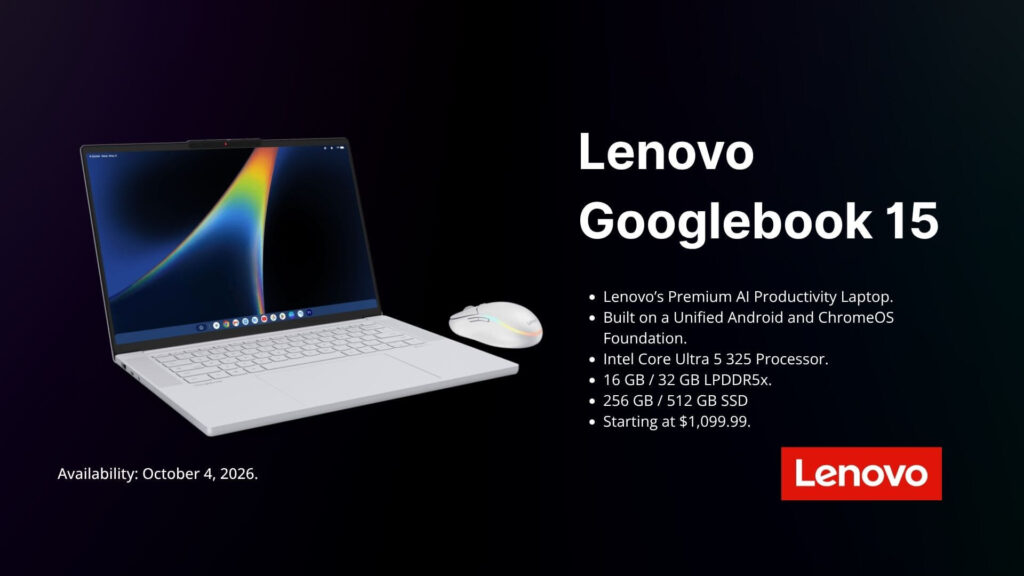 Lenovo Googlebook 15 Front Facing with Mouse and Specifications Lenovo Googlebook 15 Front Facing with Mouse and Specifications