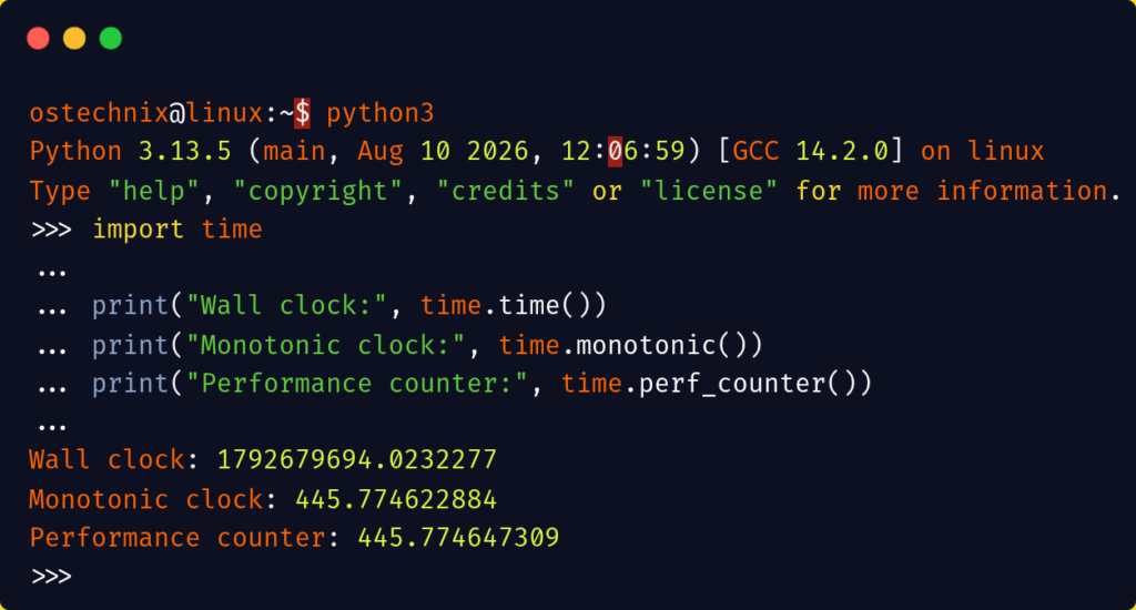 Print Current Time Values or Timer Measurements from Three Different Types of Clocks Provided by Python's built-in time Module