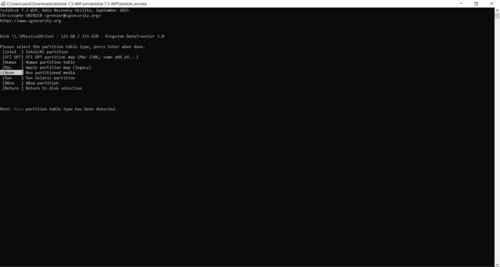 Select the Partition Table Type
